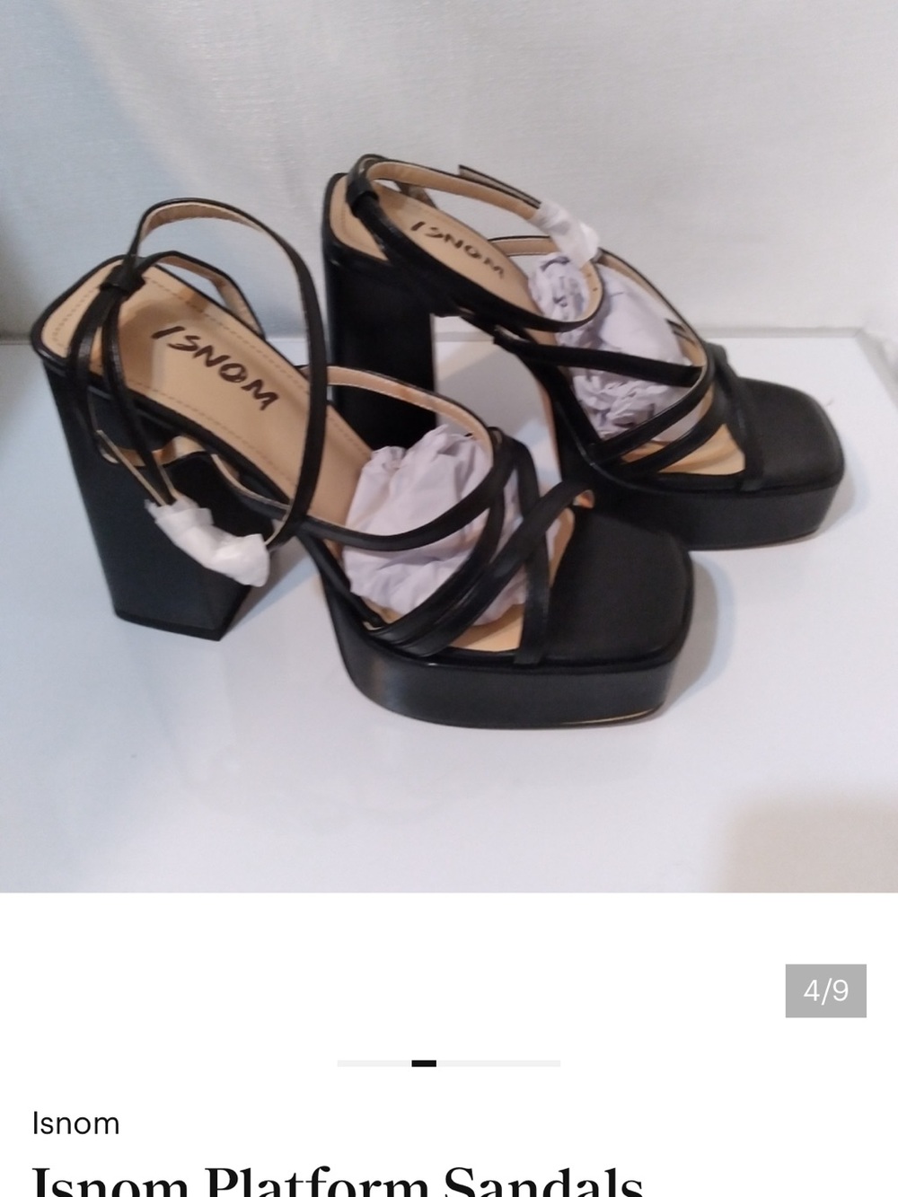 Isnom Black Platform Strappy Block Heel Sandals